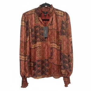 Haver London NWT $98 Metallic Gold Thread Paisley Patchwork Mock Neck Top S